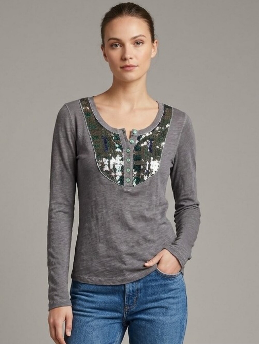 Free People Brown Sequin Long Sleeve Top